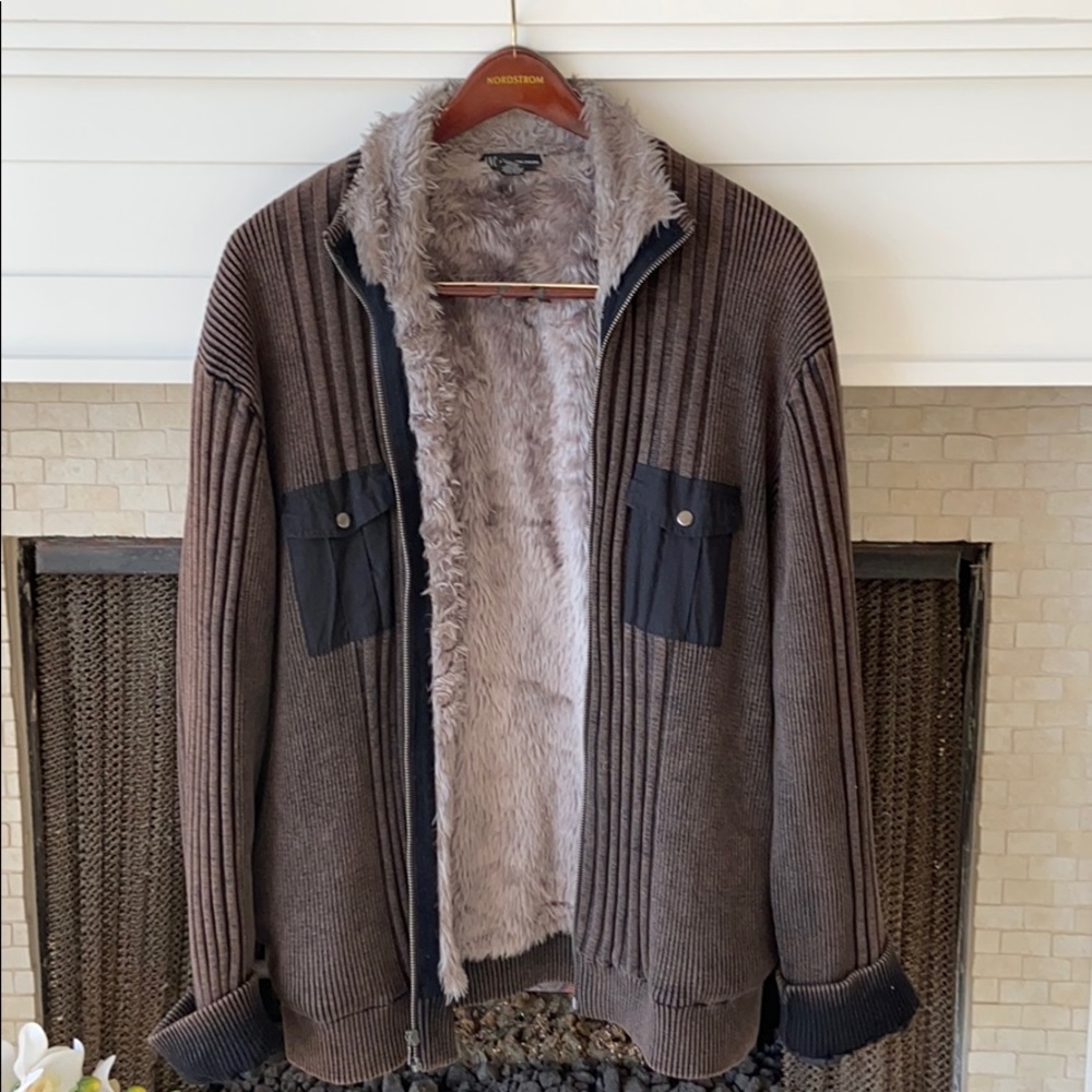 XXL Brown INC Zip Up Sweater with faux fur